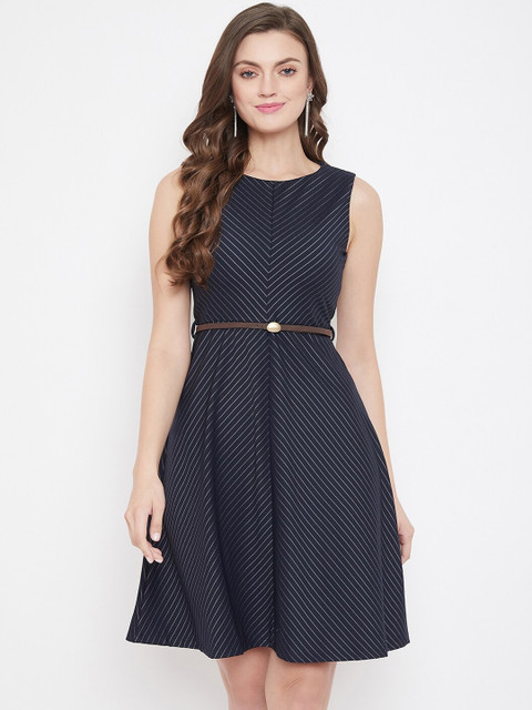 

Madame Women Navy Blue Striped Fit and Flare Dress