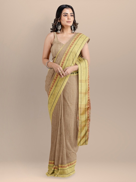 

BharatSthali Brown Silk Cotton Solid Handloom Maheshwari Saree
