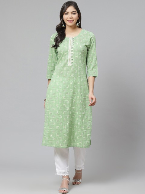 

Piroh Womens Green & Off-White Geometric Printed Straight Kurta