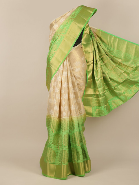 

Pothys Cream-Coloured & Green Jute Silk Woven Design Saree