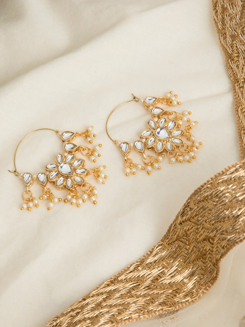 

INDYA Gold-Plated & White Kundan Classic Hoop Earrings