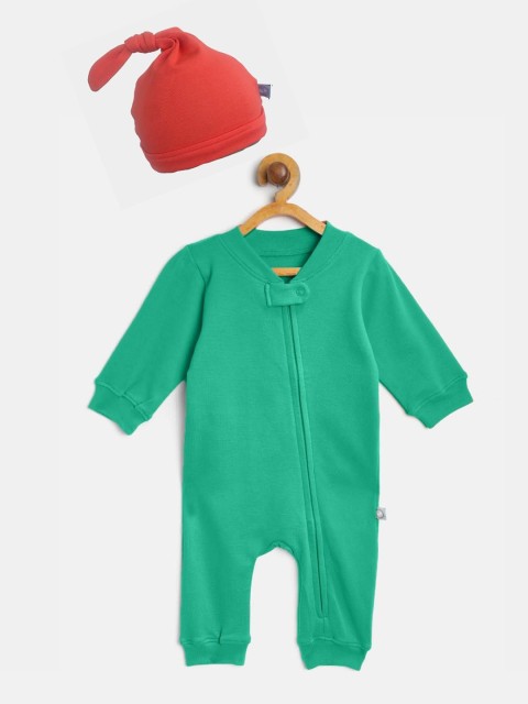 

Cherrytoes Infant Green & Red Solid Cotton Rompers With Beanie