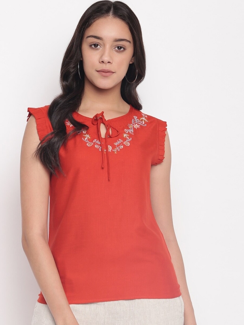 

Miss Grace Red Tie-Up Neck Pure Cotton Regular Top with Embroidered Detail