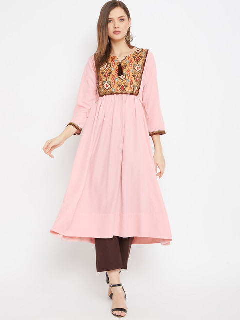 

One of a Kind Women Pink & Coral Ethnic Motifs Printed Crepe Anarkali Kurta