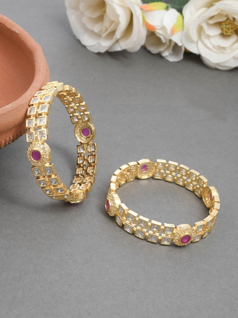 

Silvermerc Designs Set Of 2 Gold-Plated Pink & White Kundan & AD-Studded Jadau Bangles
