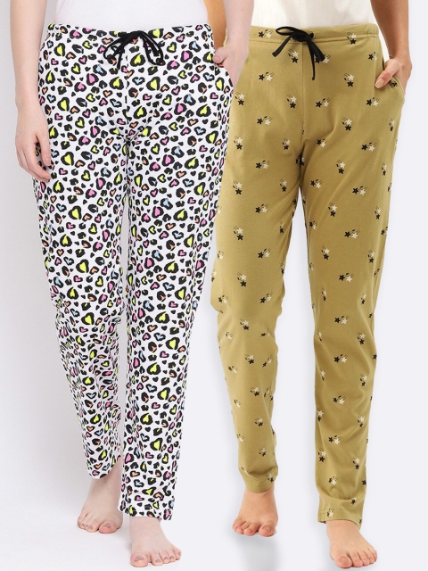 

Kanvin Women Pack of 2 Printed Pure Cotton Lounge Pants, Mustard