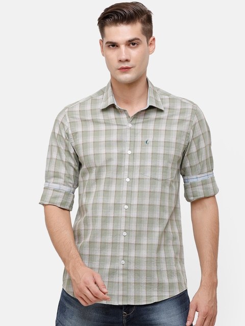 

CAVALLO by Linen Club Men Olive Green & White Regular Fit Checked Casual Shirt