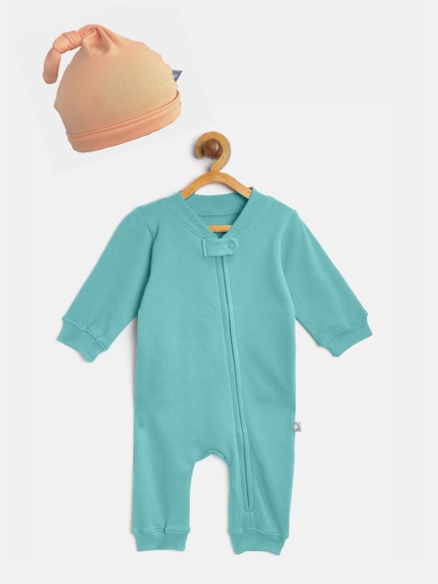 

cherrytoes Infant Blue Solid Cotton Rompers With Beanie