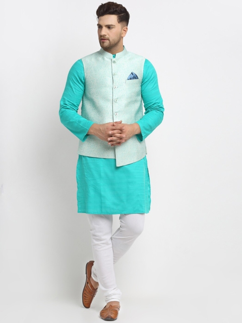 

NEUDIS Men Turquoise Blue & White Solid Kurta with Pyjamas