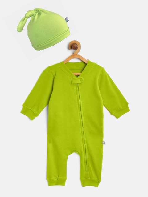 

Cherrytoes Infant Green Solid Cotton Rompers with Beanie