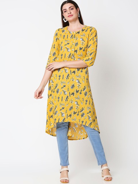 

Bewakoof Women Mustard Yellow & Black Floral Printed High-Low A-Line Kurta