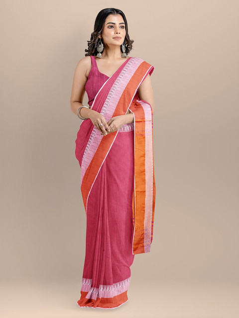 

BharatSthali Magenta Silk Cotton Solid Maheshwari Saree