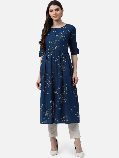 

AHIKA Women Navy Blue & Beige Floral Printed Cotton Pleated A-Line Kurta