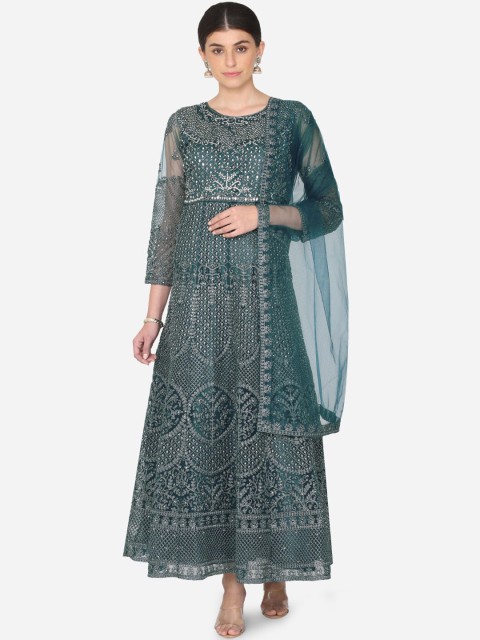 

BOMBAY SELECTIONS Women Blue & Silver-Toned Embroidered Kurta with Trousers & Dupatta