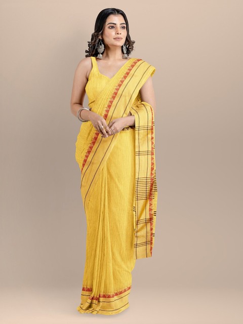 

BharatSthali Yellow & Brown Silk Cotton Solid Maheshwari Saree