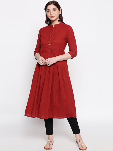 

People Women Red Solid Pure Cotton A-Line Kurta