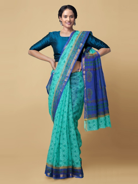 

Unnati Silks Sea Green & Blue Pure Cotton Hand Block Printed Kota Handloom Saree