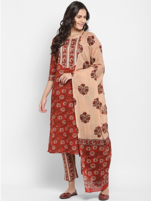 

Vbuyz Women Maroon & Beige Printed Kurta with Trousers & Dupatta
