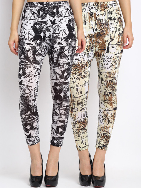 

NEUDIS Women Pack of 2 Printed Skinny Fit Ankle Length Crop Leggings, Beige