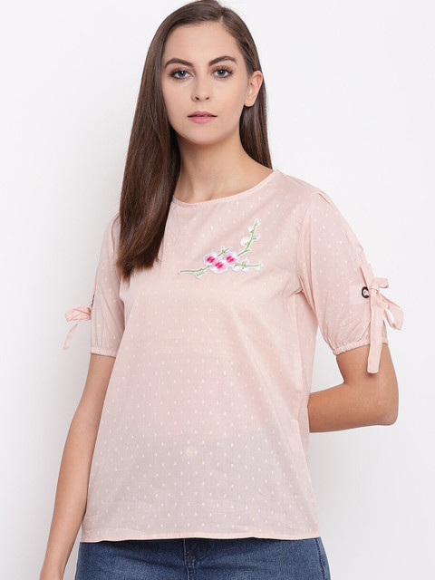 

Miss Grace Peach-Coloured & Off White Pure Cotton Polka Printed Pure Cotton Regular Top