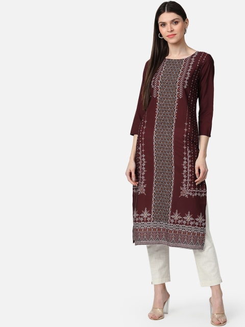 

AHIKA Women Burgundy & White Geometric Printed Straight Kurta