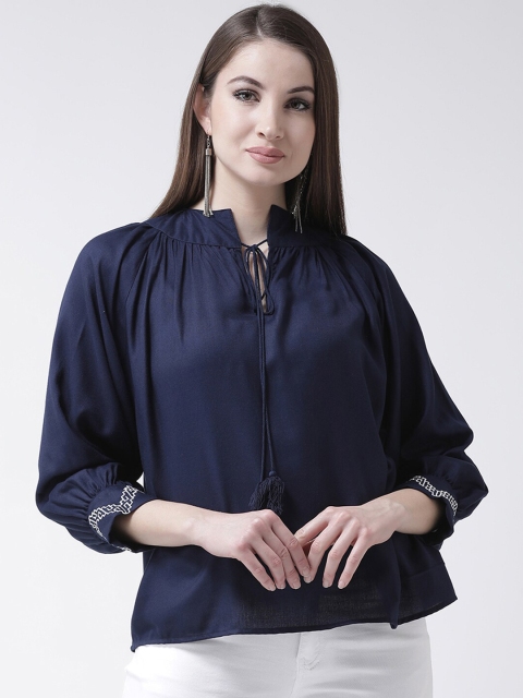 

The Vanca Navy Blue Solid Tie-Up Neck Puff Sleeves Top