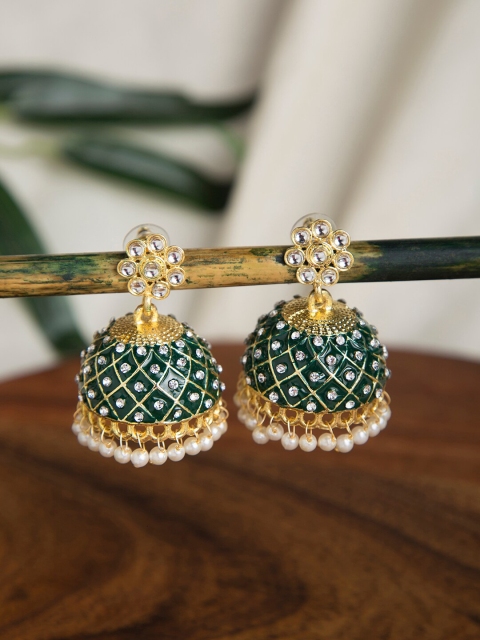 

INDYA Green & Gold-Plated Meenakari Dome Shaped Jhumkas