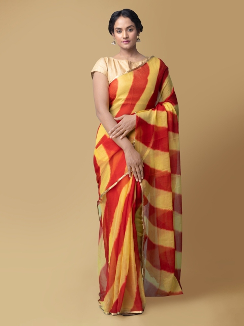 

Unnati Silks Red & Yellow Pure Chiffon Striped Baluchari Saree