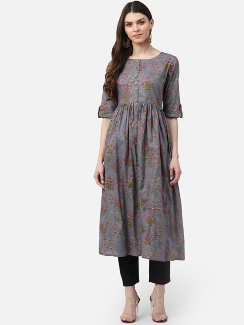 

AHIKA Women Grey & Green Printed Cotton Pleated A-Line Kurta