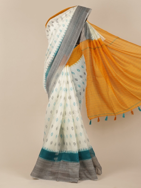 

Pothys Cream-Coloured & Blue Jute Silk Printed Saree