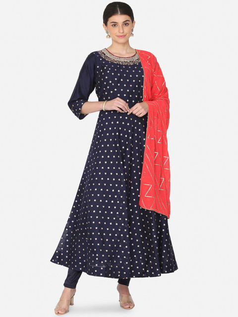 

BOMBAY SELECTIONS Women Blue Embroidered Kurti with Sharara & Dupatta
