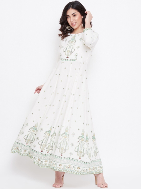 

TULIP 21 Women Off-White & Green Printed A-Line Dress