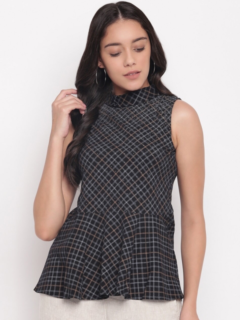 

Miss Grace Black & Grey Geometric Checked Pure Cotton Peplum Top