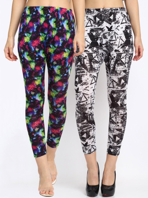 

NEUDIS Women Pack of 2 Printed Skinny Fit Ankle Length Crop Leggings, Black