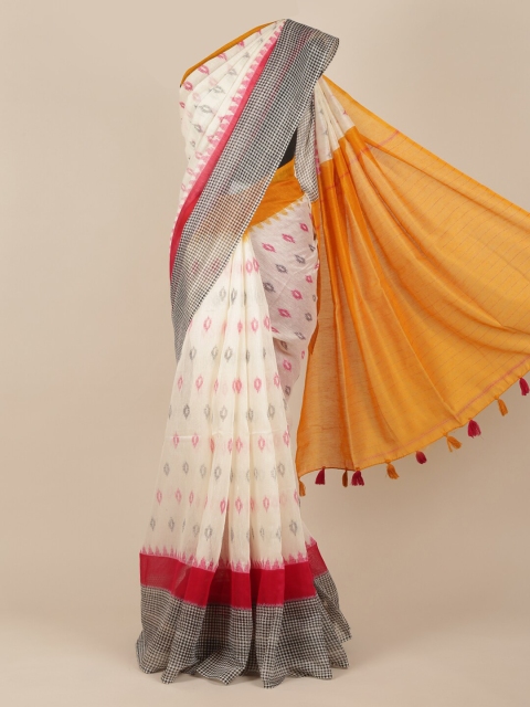 

Pothys Off-White & Pink Jute Silk Printed Saree