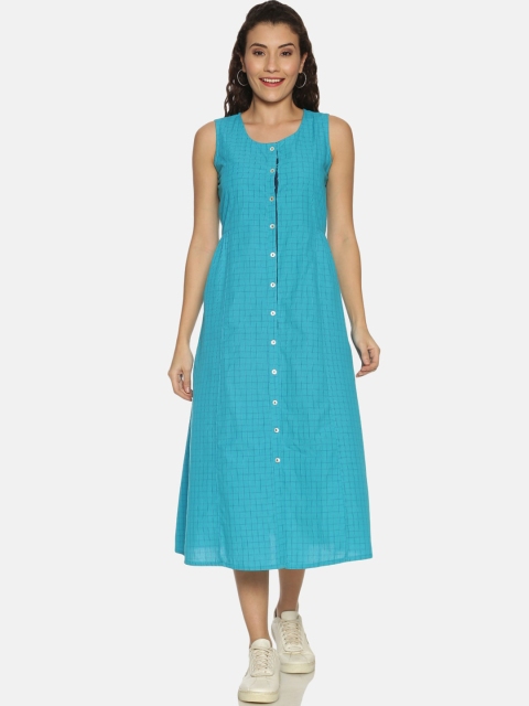 

Saffron Threads Women Turquoise Blue Checked A-Line Dress