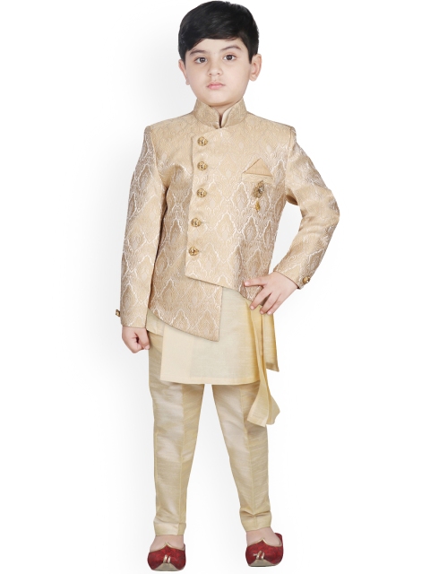 

SG YUVRAJ Boys Beige & Cream-Colored Woven-Design Brocade Sherwani