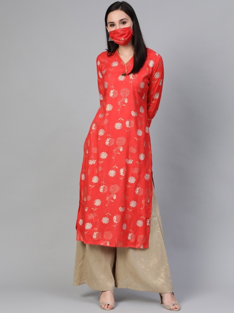 

Sringam Women Red Floral Printed Floral Kurta With Mask