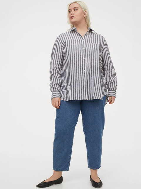 

H&M+ Women White & Black Linen Shirt