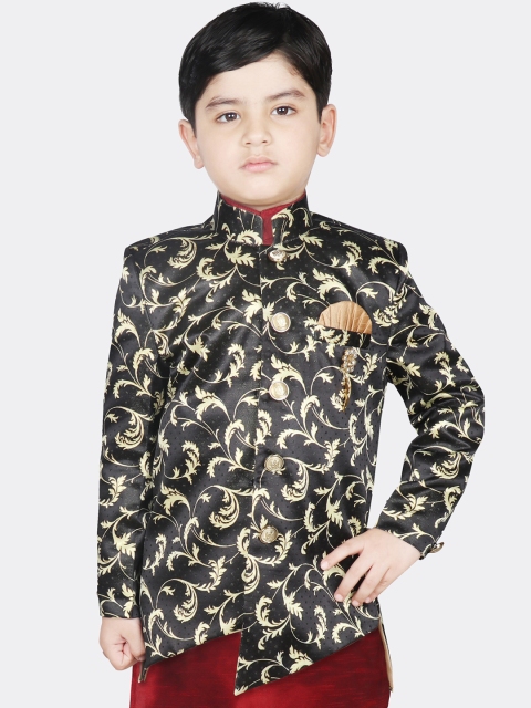

SG YUVRAJ Boys Black & Cream-Coloured Bandhgala Brocade Blazer