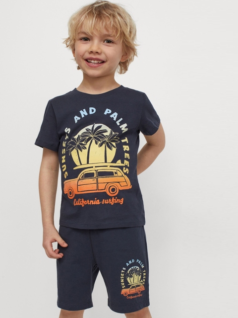 

H&M Boys Navy Blue & Yellow Cotton Printed Jersey Shorts