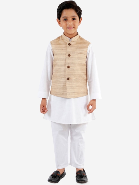 

VASTRAMAY Boys White & Beige Solid Kurta with Pyjamas & Nehru Jacket