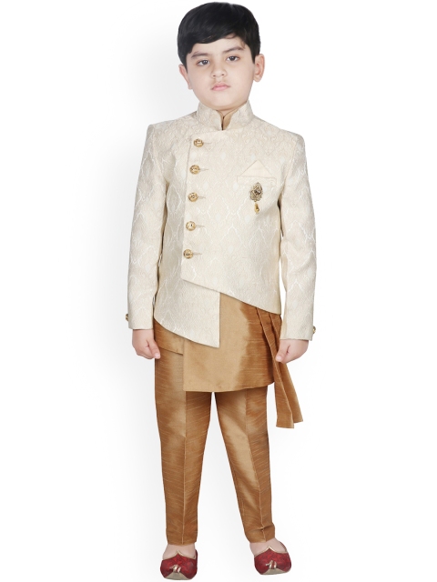 

SG YUVRAJ Boys Gold Coloured & Off-White Brocade Sherwani Set