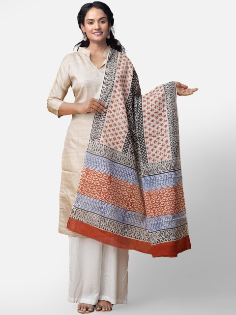

Unnati Silks Cream-Coloured & Red Printed Pure Mulmul Cotton Dupatta