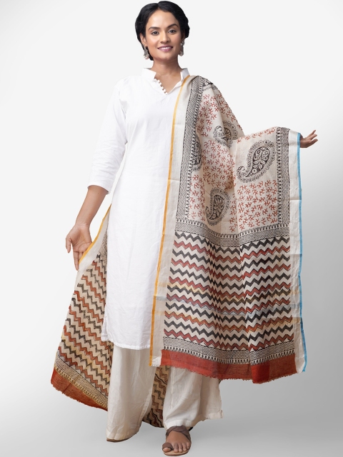 

Unnati Silks Cream-Coloured & Red Printed Dupatta