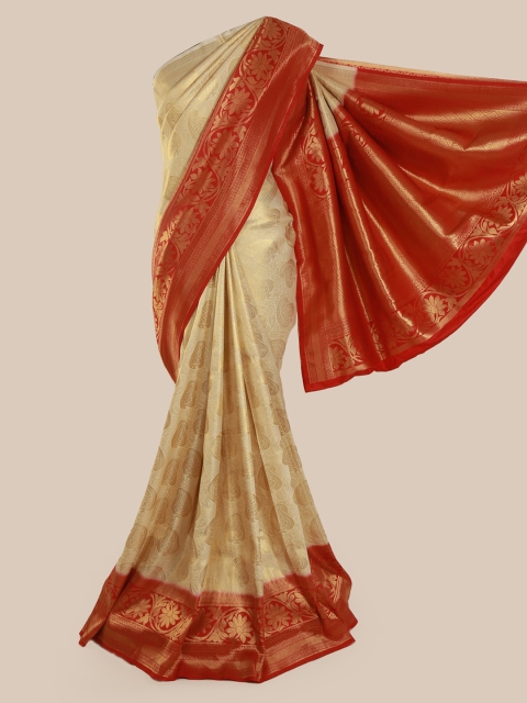 

Pothys Cream-Coloured & Red Pure Silk Woven Design Banarasi Saree