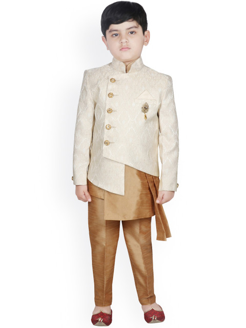 

SG YUVRAJ Boys Gold-Coloured & Beige Woven-Design Sherwani Set