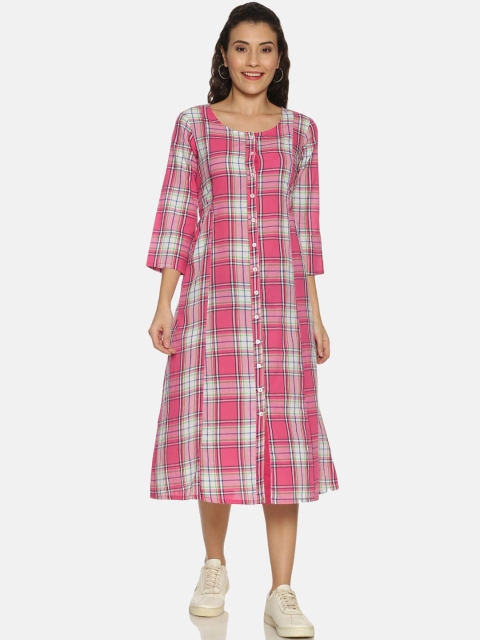 

Saffron Threads Women Pink Checked Cotton A-Line Dress