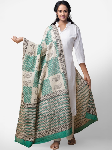 

Unnati Silks Cream-Coloured & Sea Green Bagru Printed Kota Cotton Dupatta