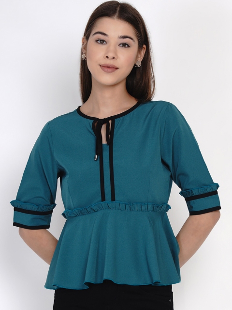 

Texco Teal Green Tie-Up Neck Peplum Top